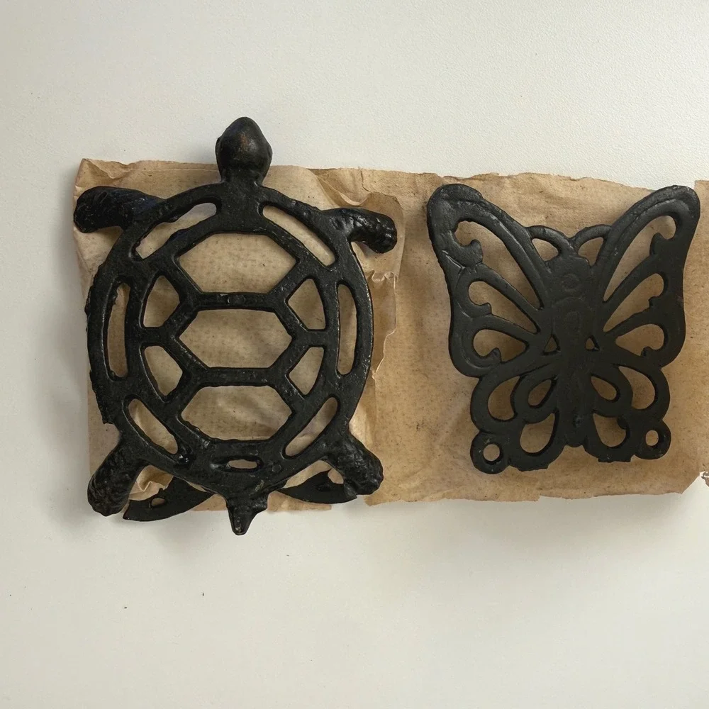 Vintage 1970s Cast Iron Trivet Set – Turtle Owl Butterfly – Made in Taiwan – NOS
